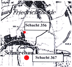 Lage der ersten Schächte des Bergbaubetriebes Schmirchau